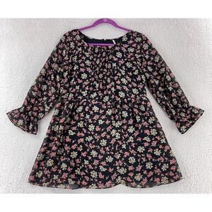 Free People Molly Mini Dress Womens Size 4 Black Floral Long Sleeve Boho Crepe
